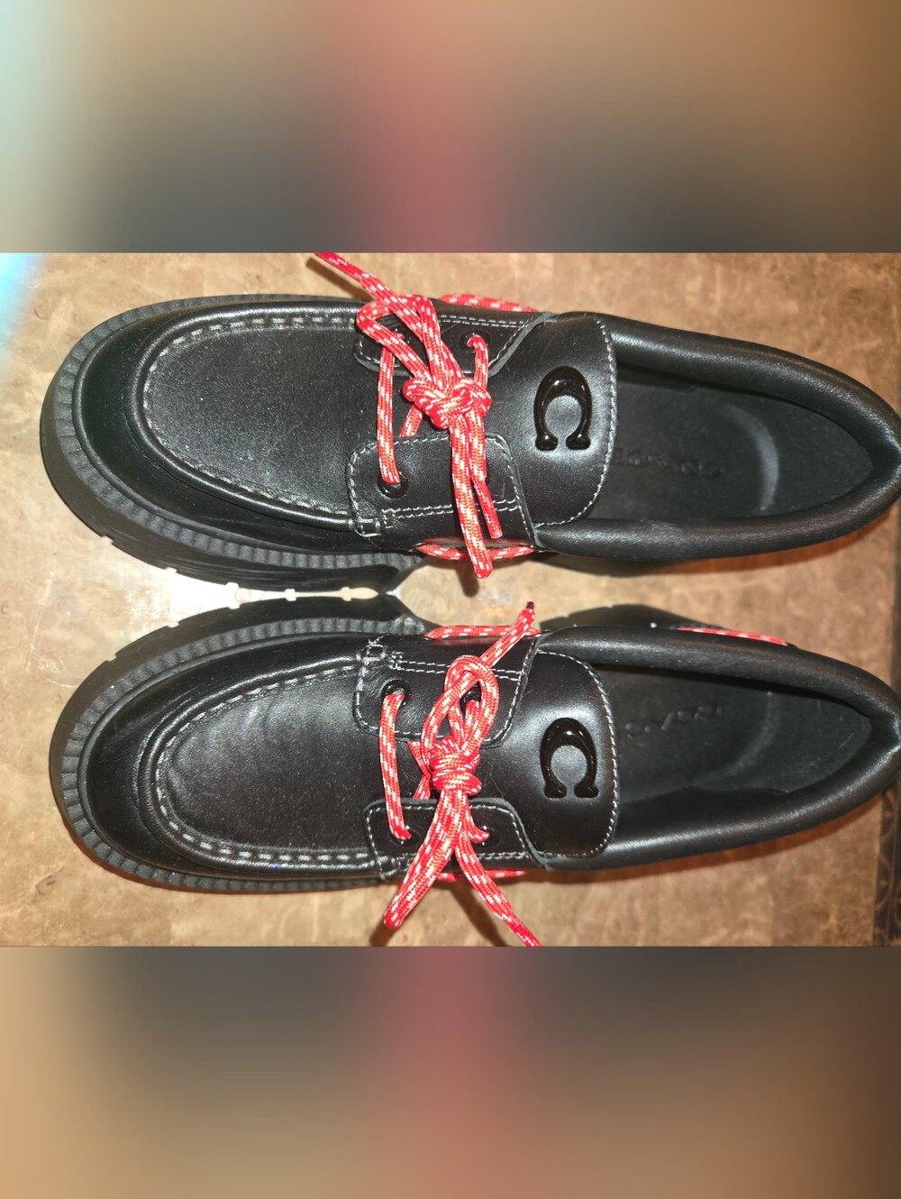 BRAND NEW! Coach Black Leather Lug Sole Boat Shoes C Logo Red Laces NWOB - Goth